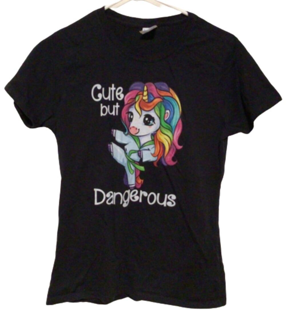Port & Co Black Unicorn T-Shirt “Cute but Dangerous” Graphic Tee Women’s Sz S